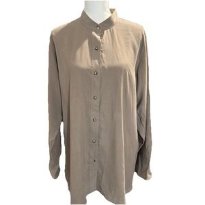 Orvis 100% Silk Mandarin Collar Button Down L/S Minimalist Womens XL Taupe Brown